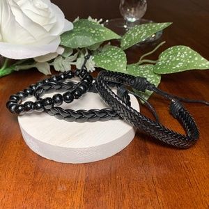 Black 3 Layered PU Woven Leather and Wood Bracelets. Unisex